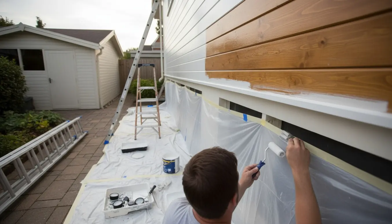 En maler på stige maler udhængsbrædder med pensel og rulle, med afdækning på fliserne og afmonterede spots ved siden af.