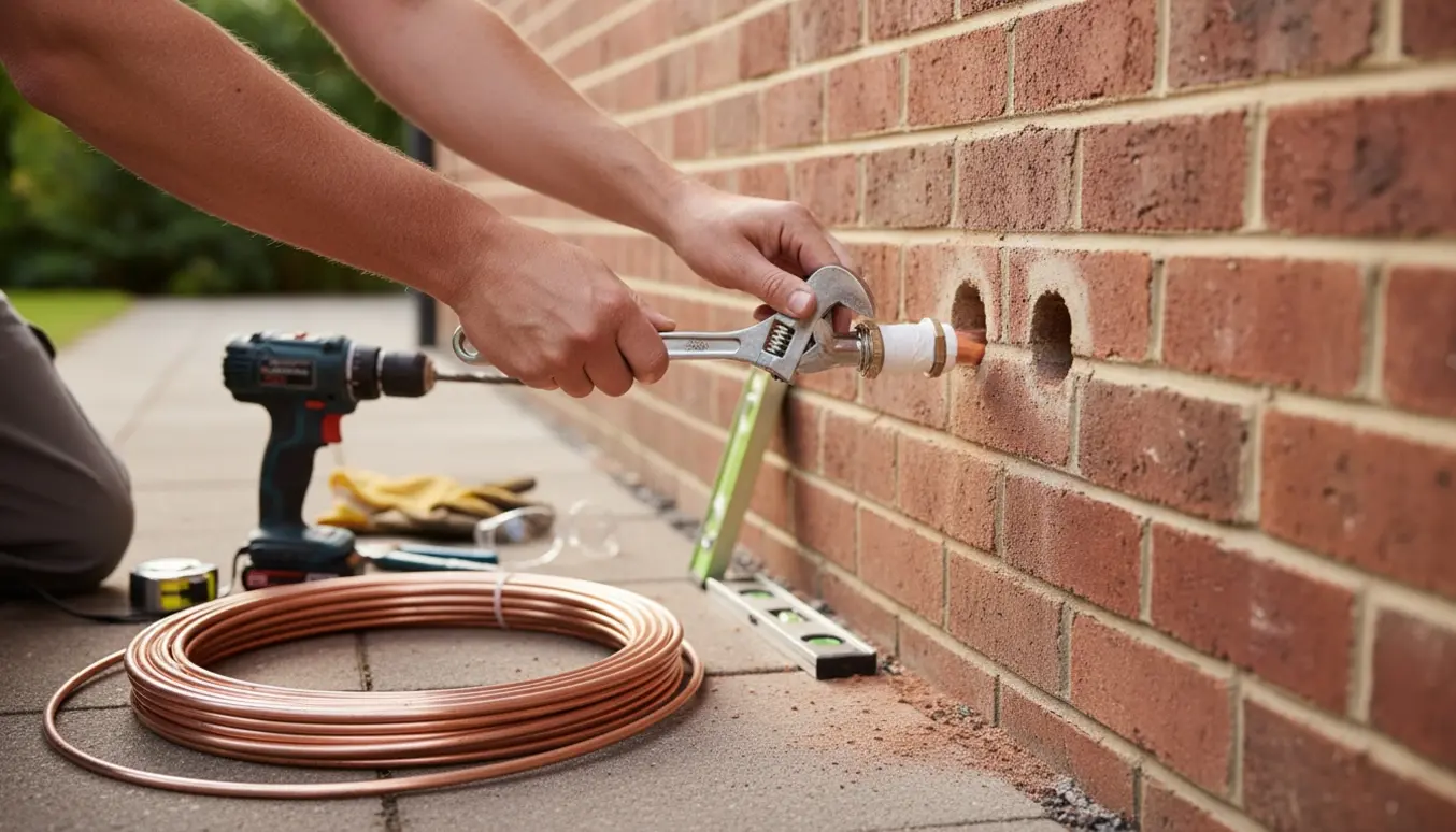 Hænder der installerer en ny udendørs vandhane gennem to nyligt borede huller i murværket med rør og værktøj tæt på.