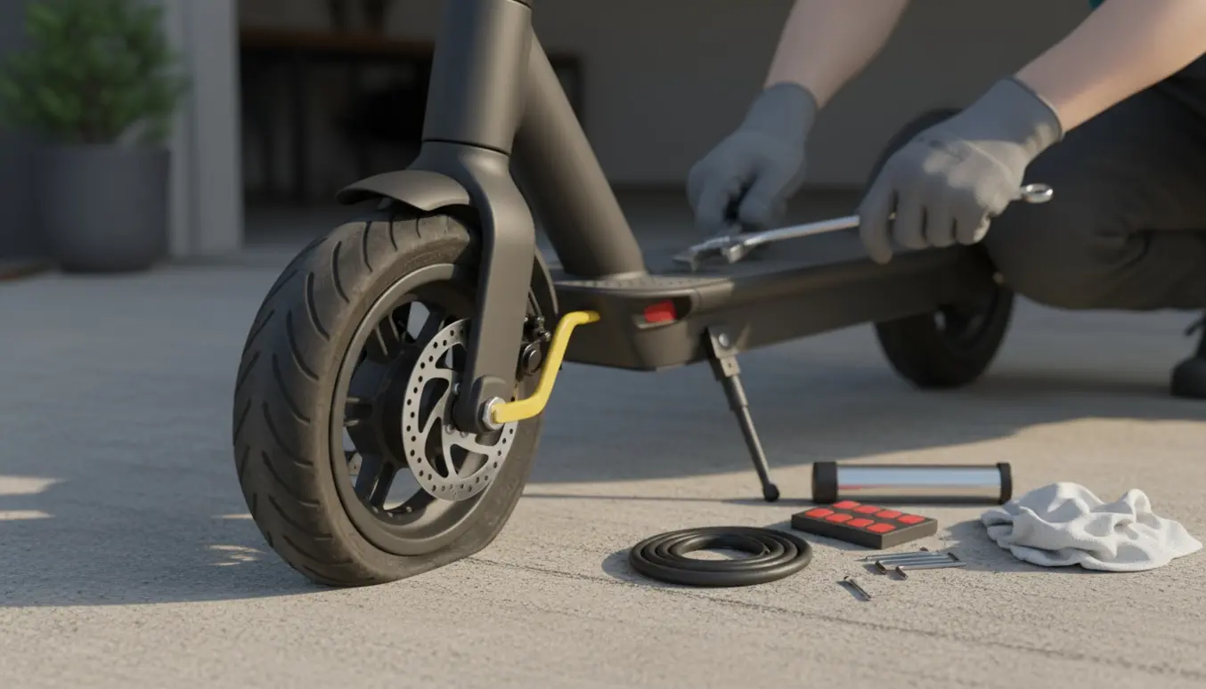 Fladt bagdæk på et elektrisk løbehjul, mens hænder arbejder med værktøj og reservedele på fortovet.