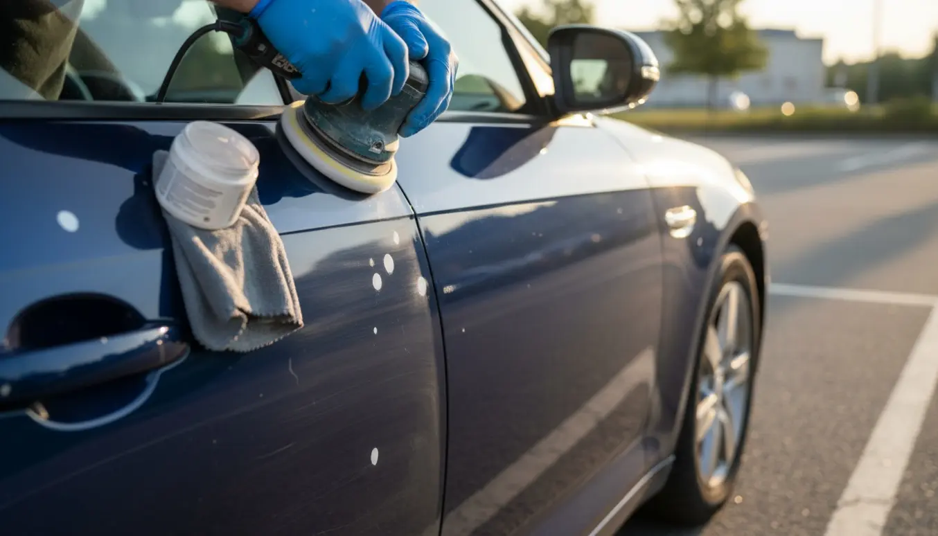 Nærbillede af polering af ridser på en mørk metallic bil med polermaskine og mikrofiberklud.