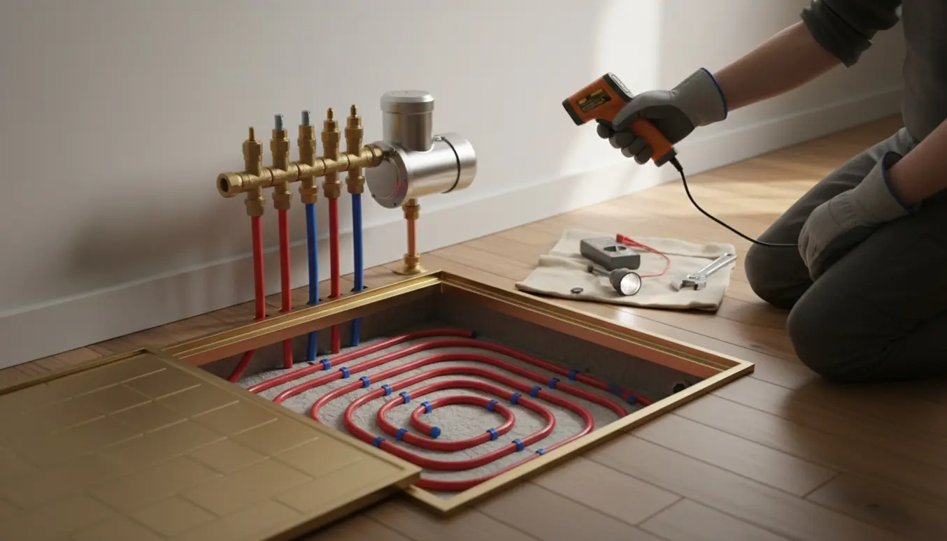 Åben gulvbrønd med gulvvarmerør og tekniker, der måler pumpen uden synlige lækager.