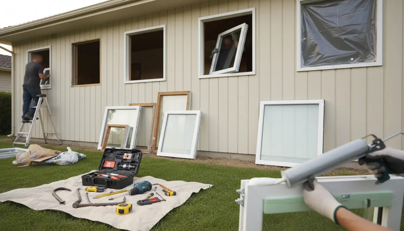 Håndværkere udskifter og fuger firkantede vinduer i et etplans parcelhus med værktøj og affaldssække i forgrunden.