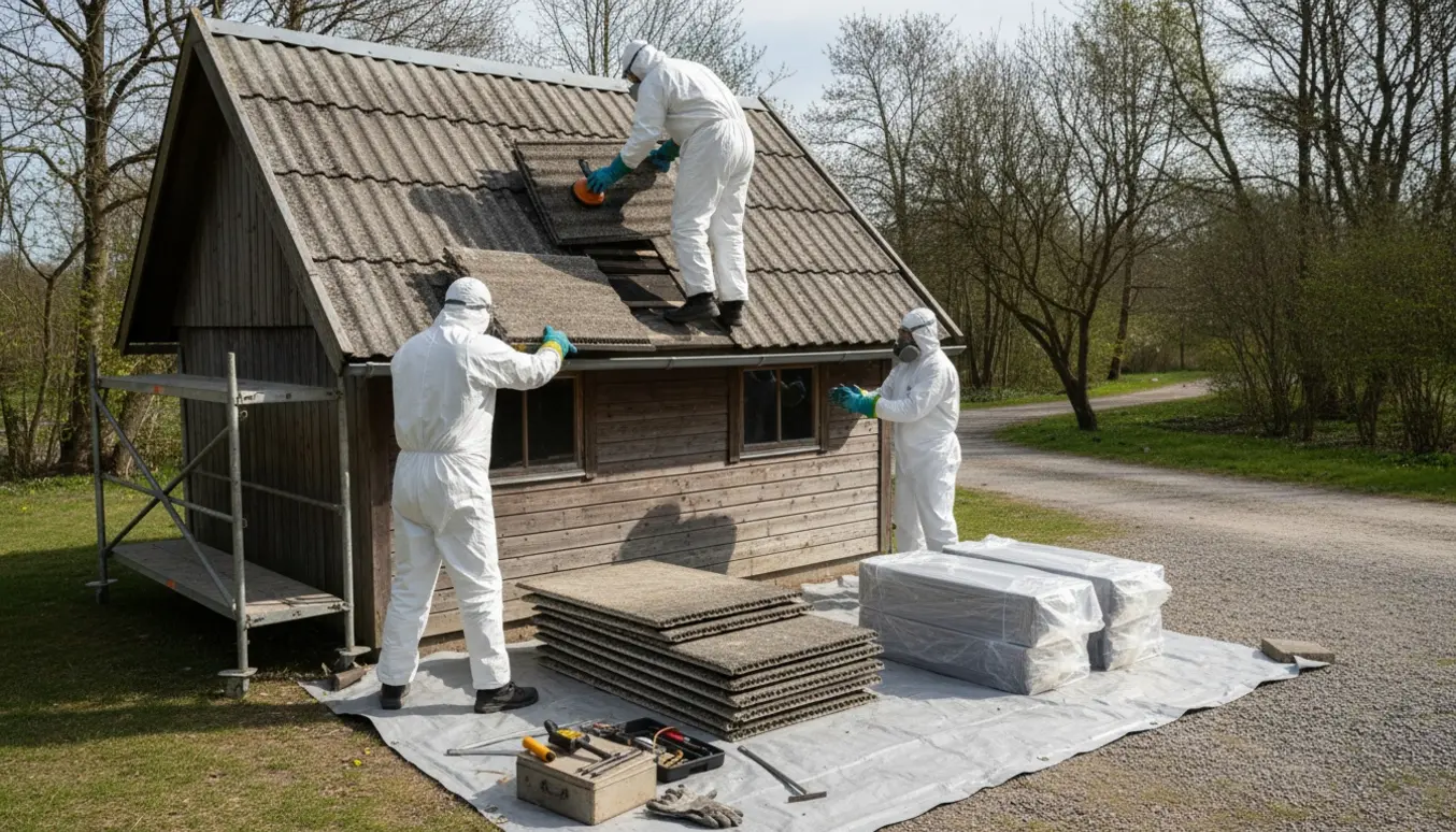 Nedtagning af asbesttag på et sommerhus med arbejdere i beskyttelsesdragter, hele eternitplader lægges på et plastbelagt område.