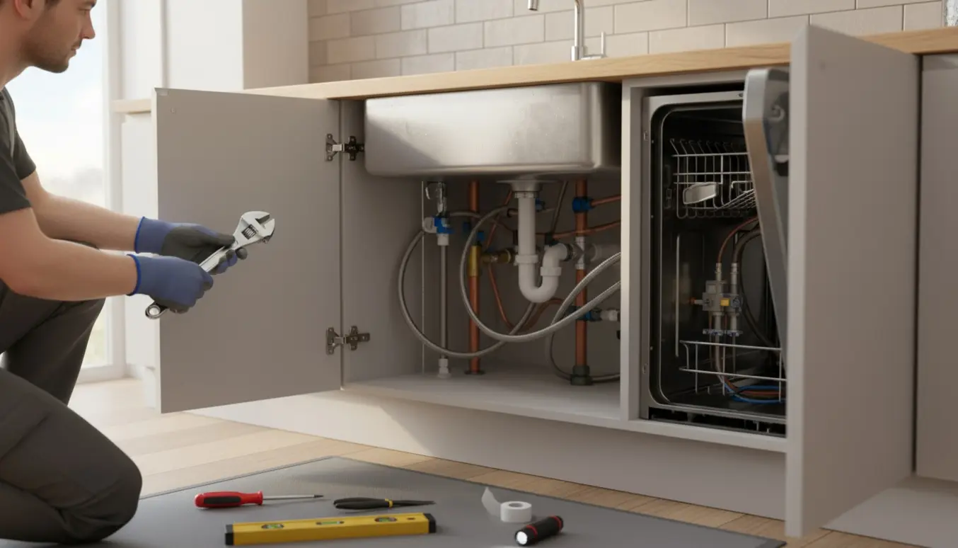 Tekniker installerer krom kogende-vandhane ved køkkenvasken og tjekker opvaskemaskinens vandtilførsel.