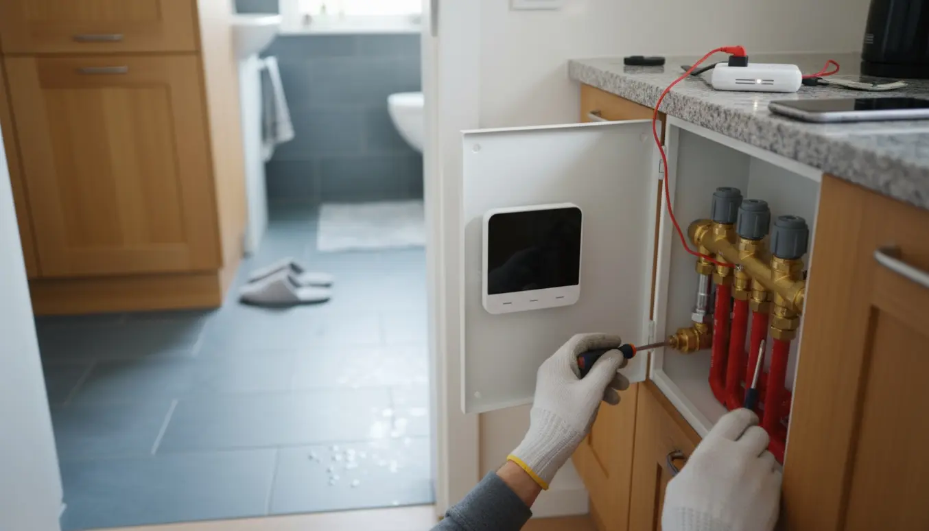 Åben gulvvarmefordeler og mørk termostat med hænder, der arbejder på systemet for at genoprette parring.