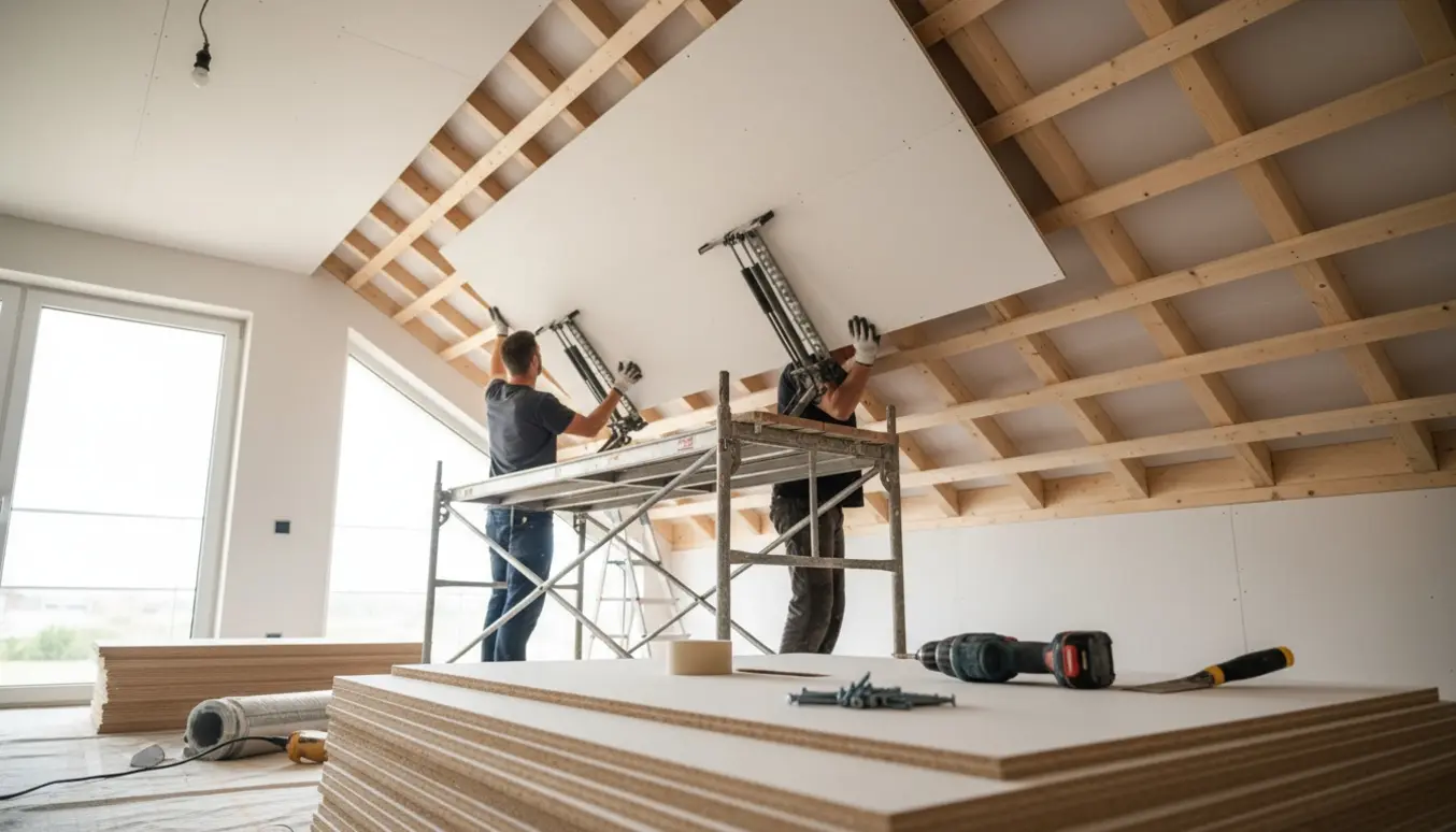 Fagfolk monterer Fermacell-plader på et skråloft med stillads og værktøj i et lyst rum.