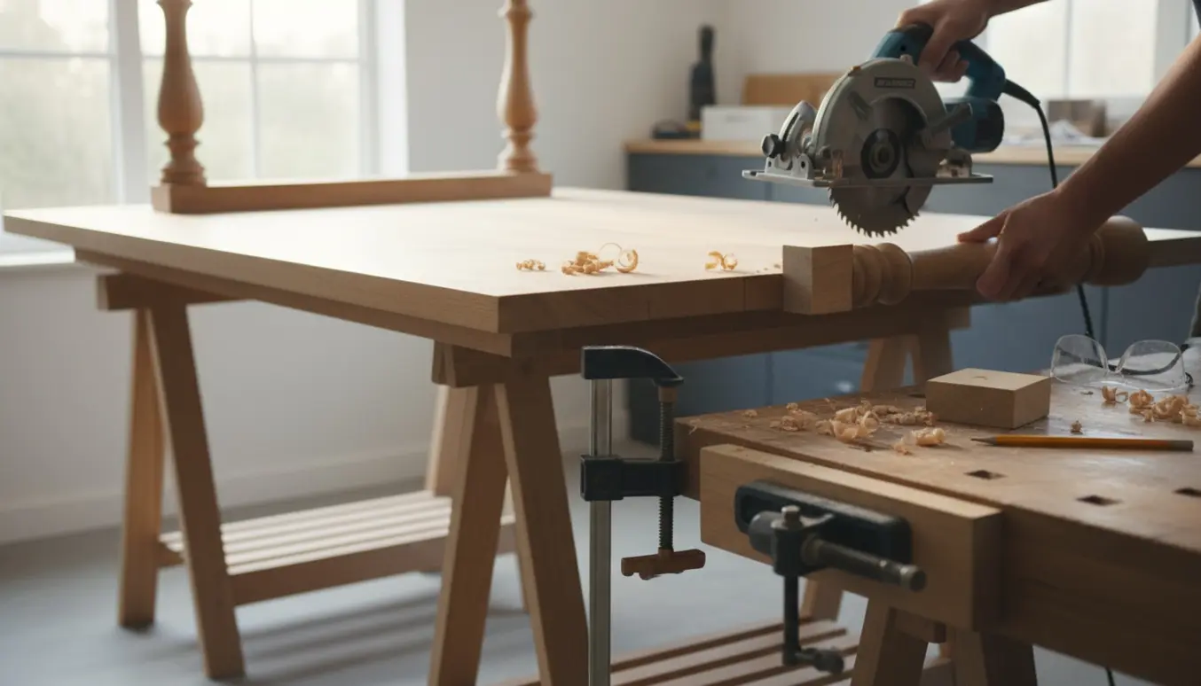 Nærbillede af et bordben, der er fastspændt og markeret til afkortning med sav og træspåner i et lyst værksted.