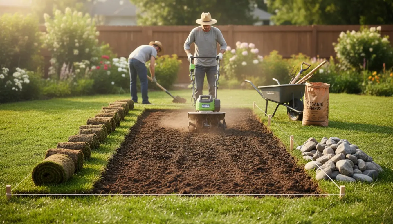 Nyoprettet bed i græsplæne med fjernet græs, fræset jord og en stenkant lagt til side.