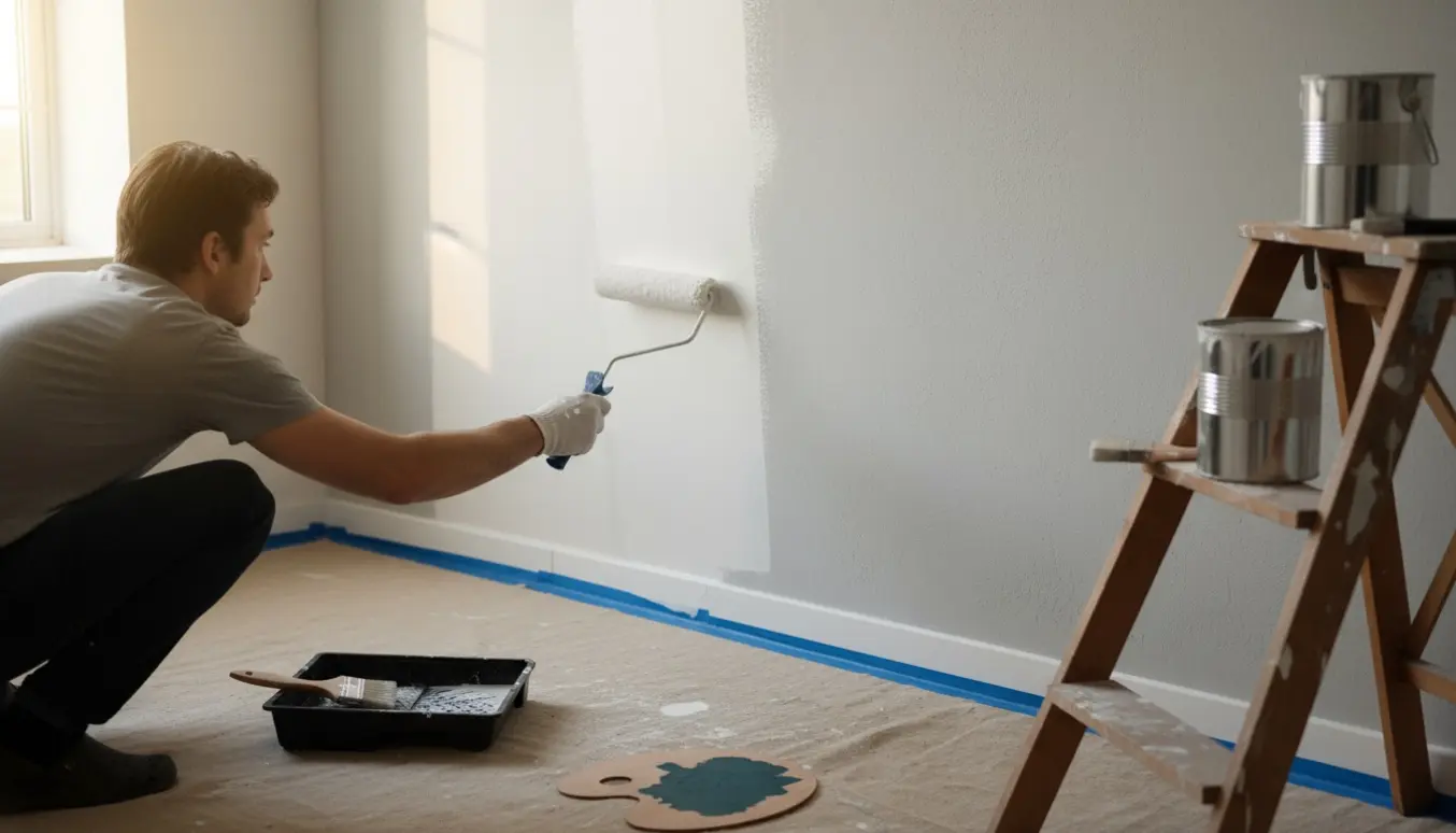 Et værelse under maling med en malerrulle på væggen, afdækningsdug, stige og malespande i baggrunden.