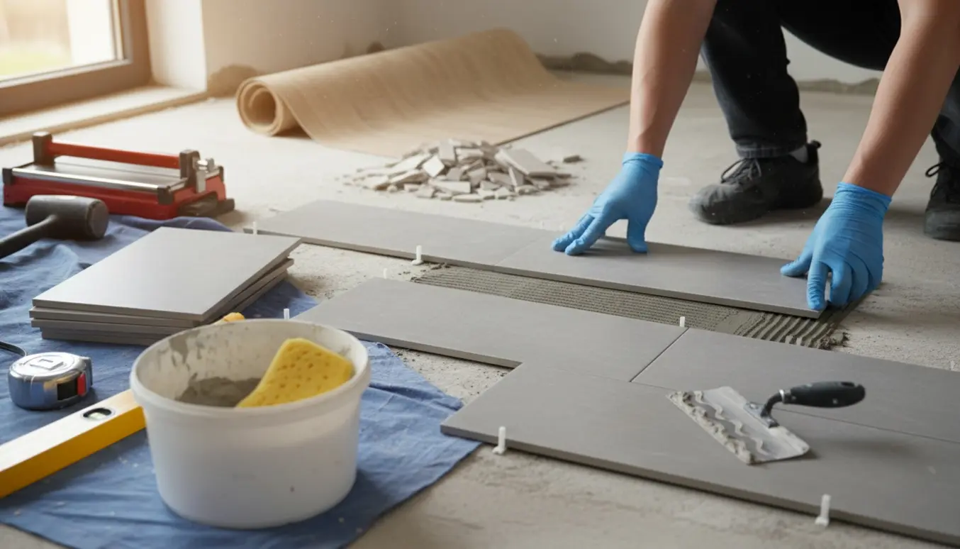 En hånd lægger rektangulære 60x30 klinker i en gang med fliseklæb, fugeværktøj og fjernet vinyl i baggrunden.