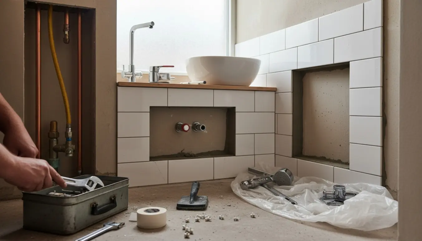 Lille badeværelse under VVS- og gasarbejde med væghængt toiletramme, hvide fliser og rør der føres opad.
