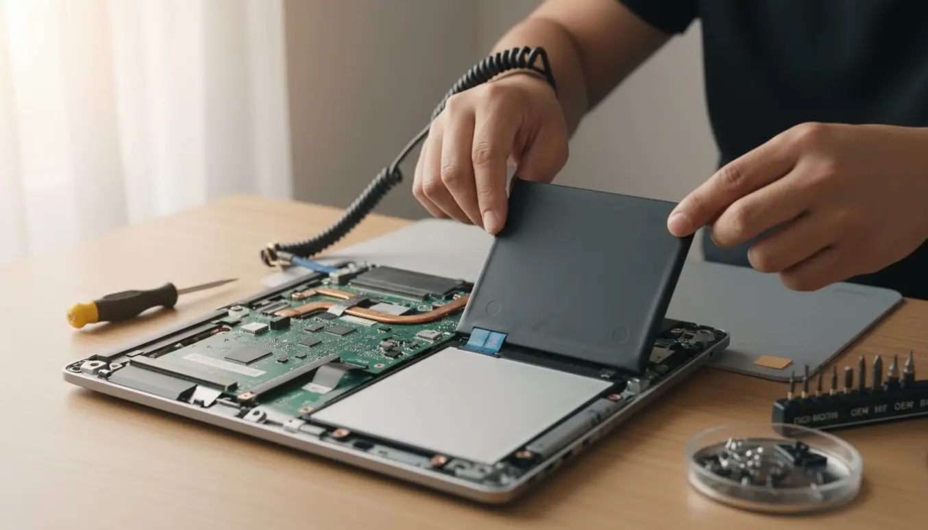 Hænder udskifter batteri i en åben bærbar på et ryddeligt arbejdsbord med skruer og værktøj.