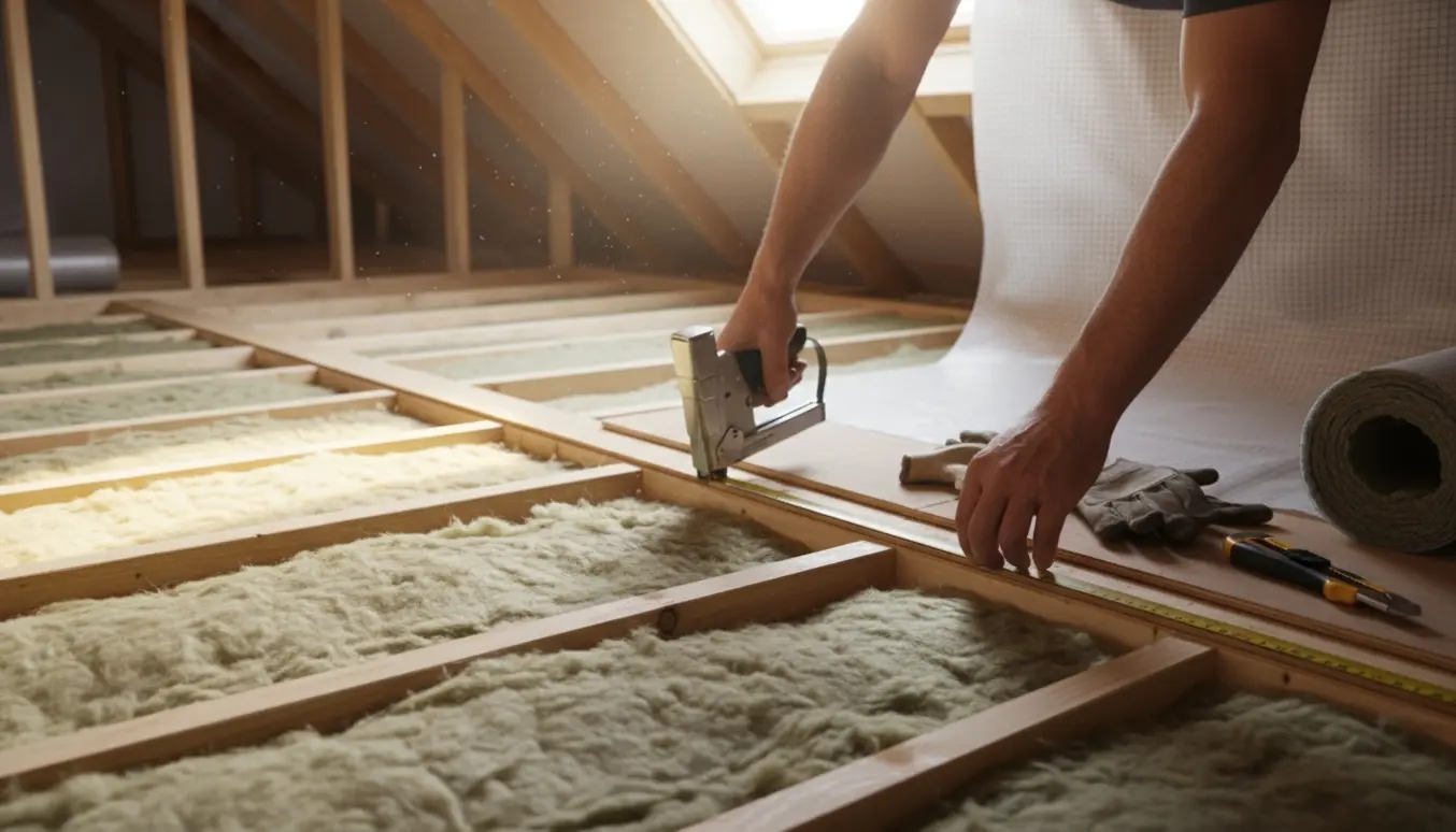 Delvist færdigisoleret loft med mineraluldsbatts, åben vindstopper-membran og hænder der måler og fastgør materialer.