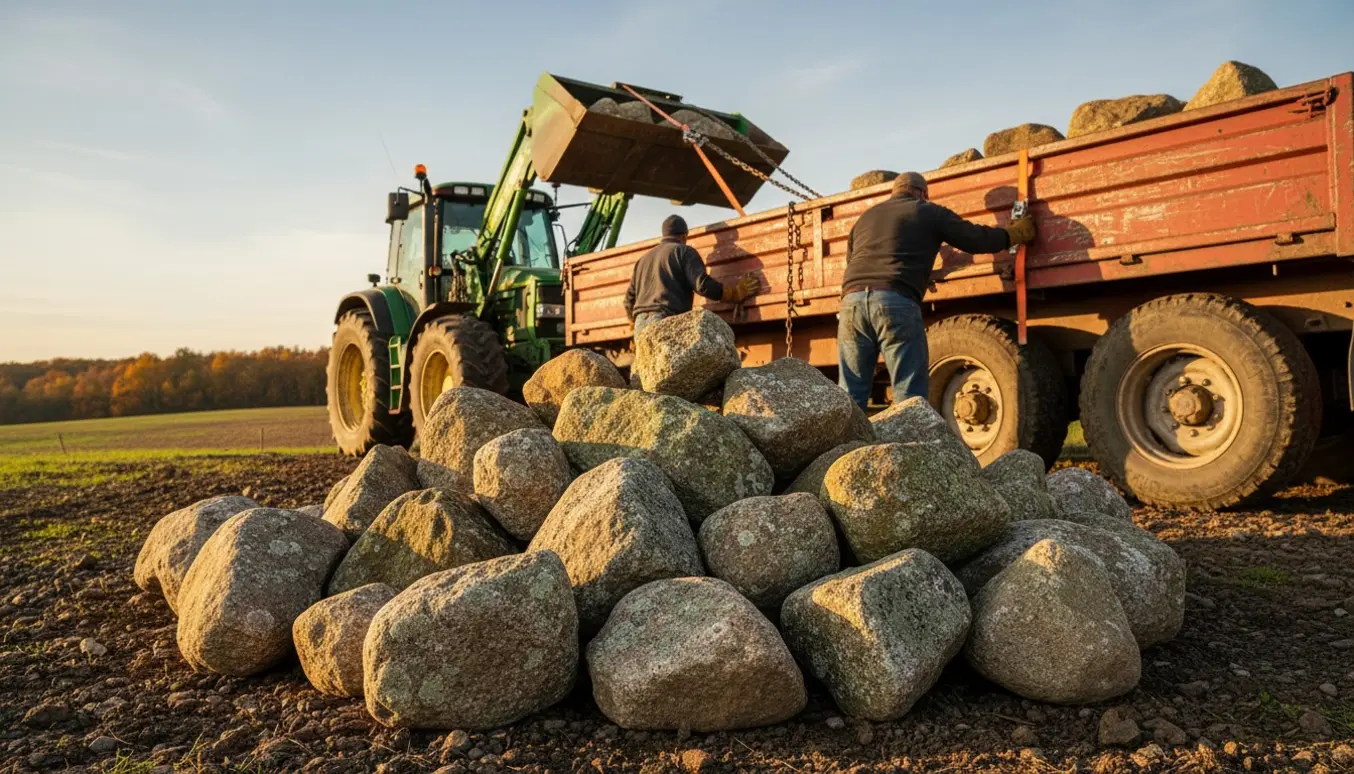 Lastning af 19 store marksten på en trailer med traktor og stropper i varmt eftermiddagslys.