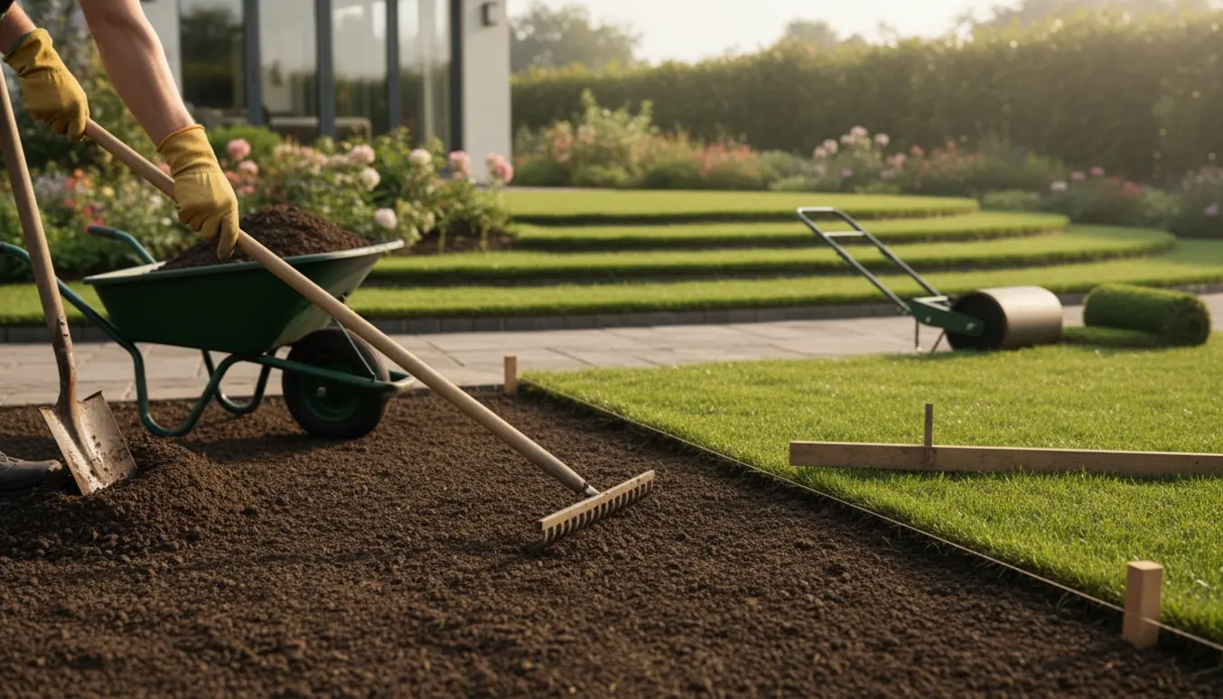 Jord bliver fordelt med skovl og rive i en have for at skabe en jævn, niveaudelt græsplæne.