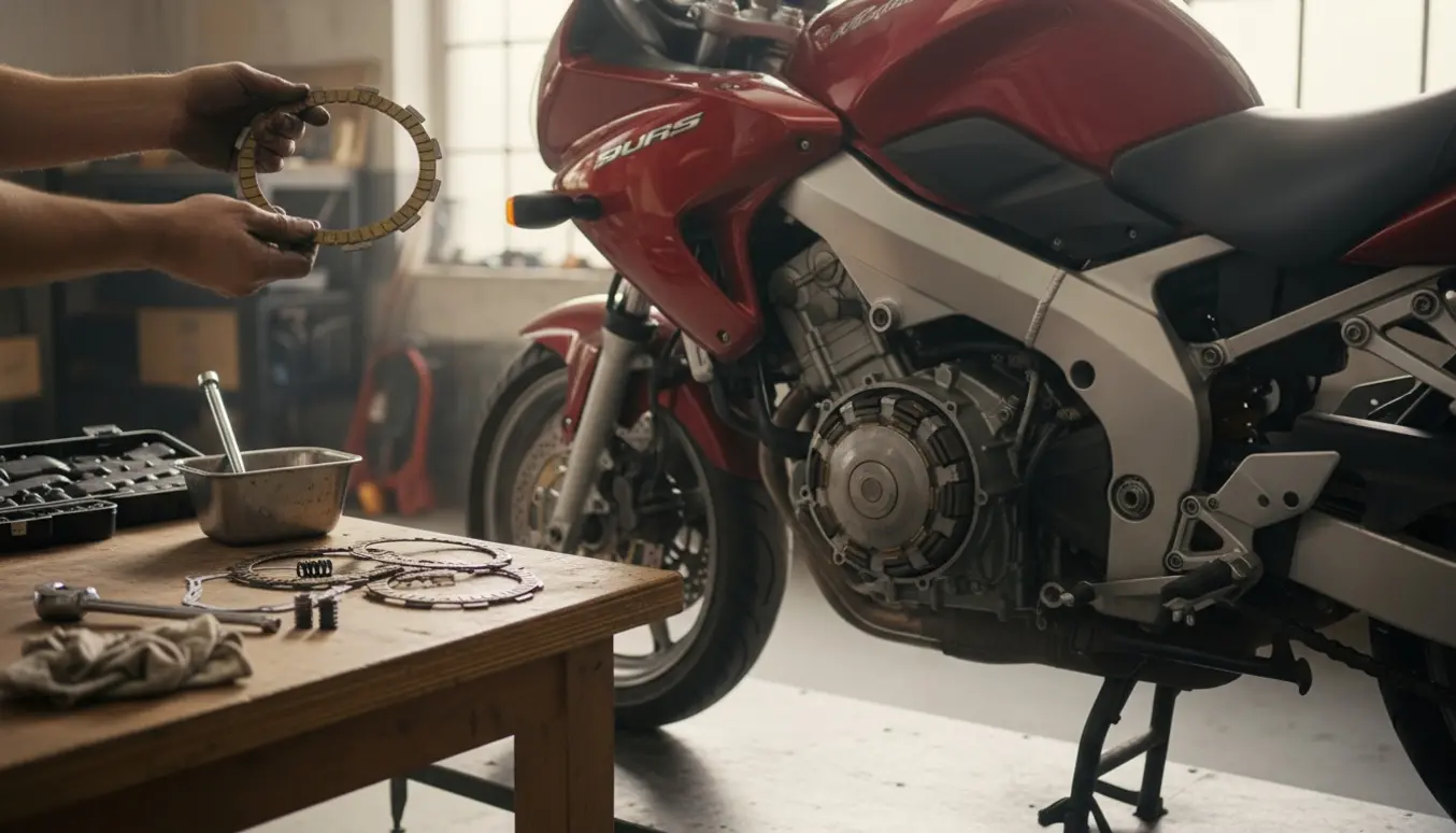 Mekaniker med handsker holder en ny koblingsplade ved en motorcykel med koblingsdækslet fjernet i et lyst værksted.