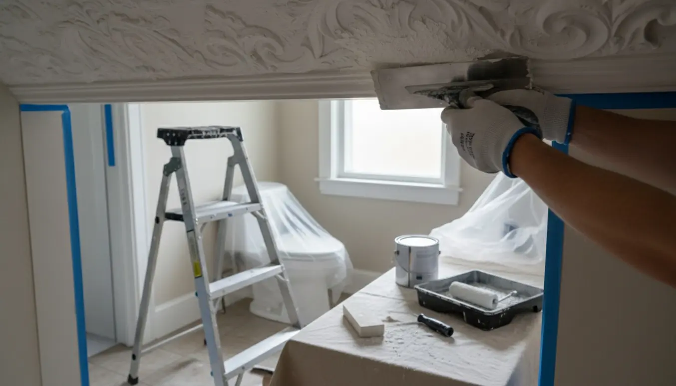 Detaljeret billede af reparation af loft og spartling i et lille badeværelse med afdækket toilet og værktøj.