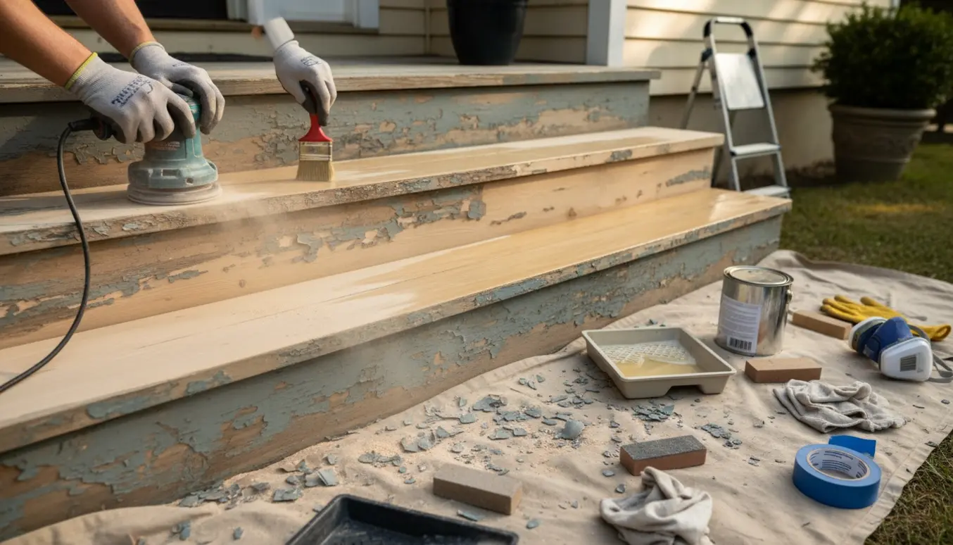 Udendørs trætrappe med fire trin og bred repos under slibning og lakering, værktøj i forgrunden.