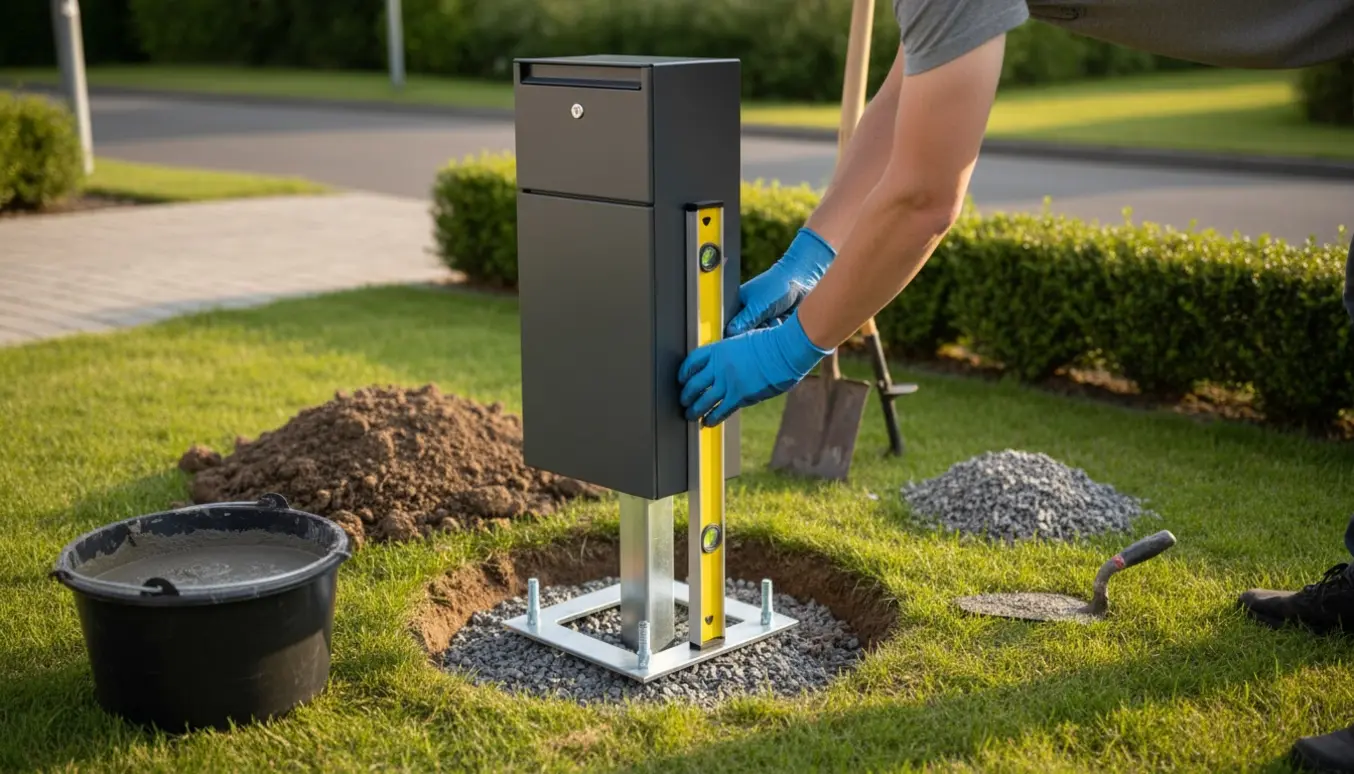 Montering af en pakkepostkasse på monteringsfod i forhaven med værktøj og frisk beton.