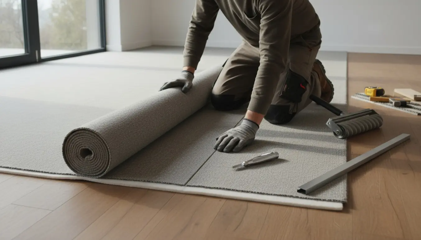 Hænder monterer et gråt gulvtæppe i et solfyldt rum med værktøj og underlag.