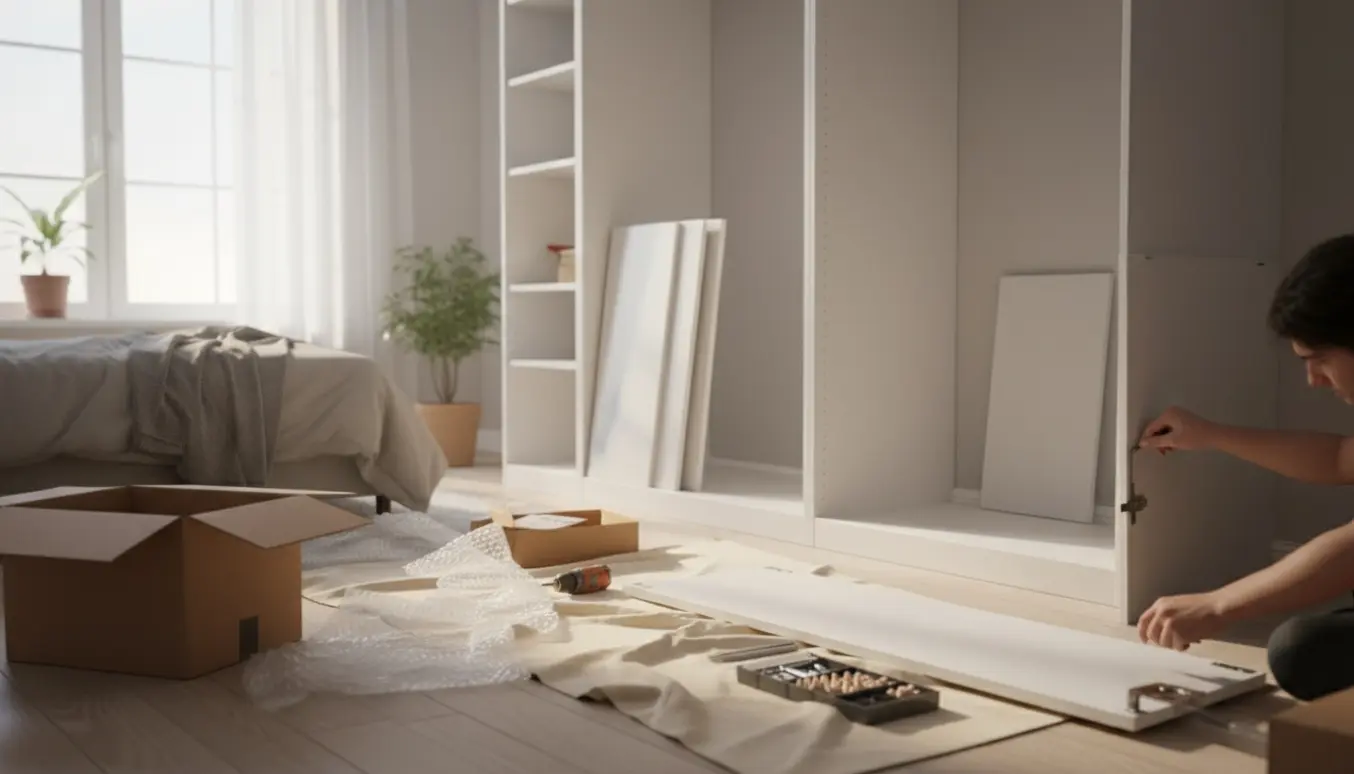 Hænder samler et stort garderobeskab med plader, skruer og værktøj i naturligt dagslys.