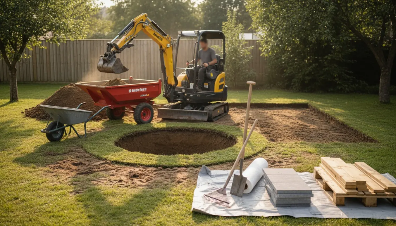 Baghaveudgravning med jord lagt i trailer og værktøj klar til bortkørsel.