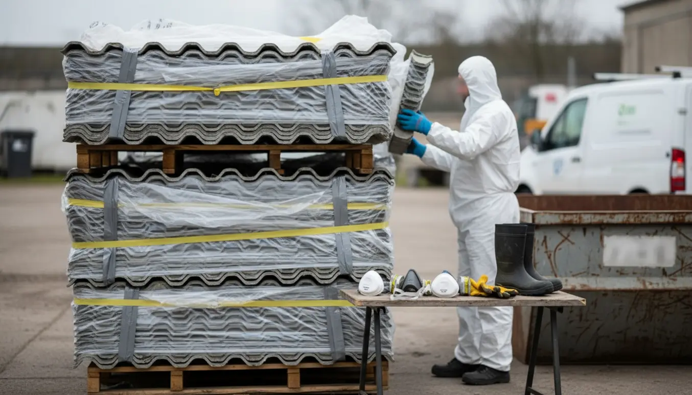 Stak af nedtagne eternit tagplader indpakket i beskyttende plast på paller ved en byggeplads, med en arbejder i beskyttelsesdragt i baggrunden.