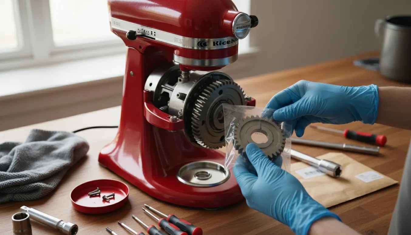 Nærbillede af en røremaskine med et knækket geartandhjul og reservedele på et ryddeligt arbejdsbord.