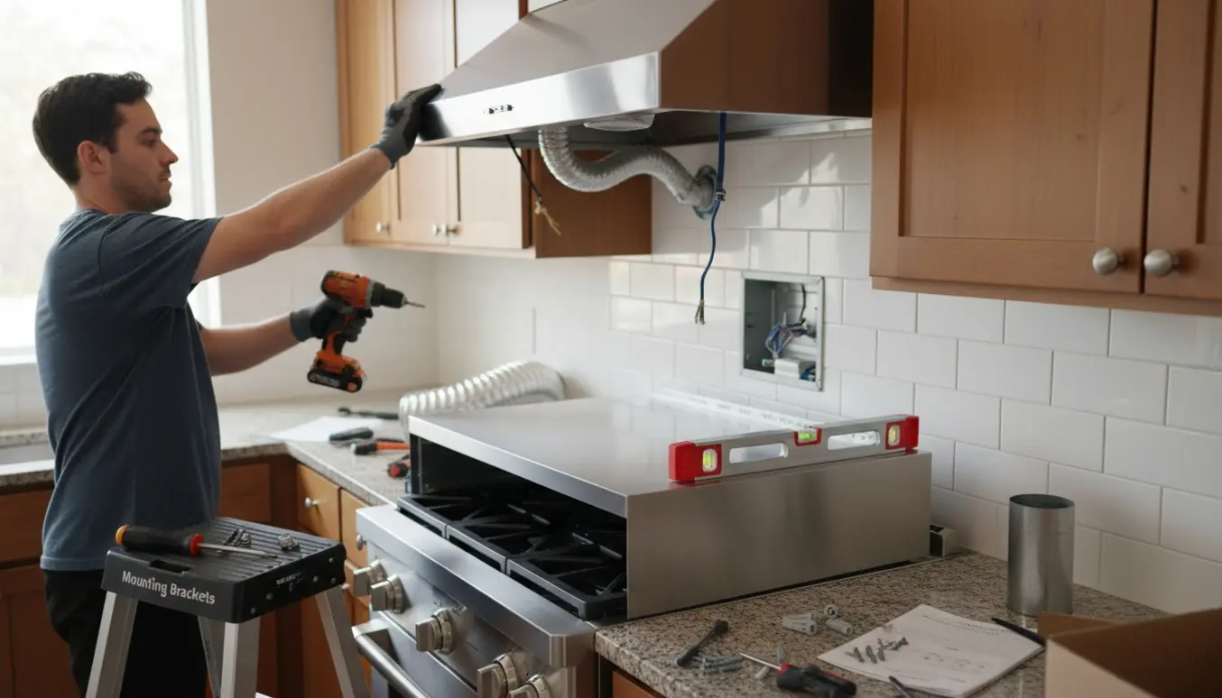 Udskiftning af væghængt emhætte i et moderne køkken med ny emhætte og værktøj klar på bordet.