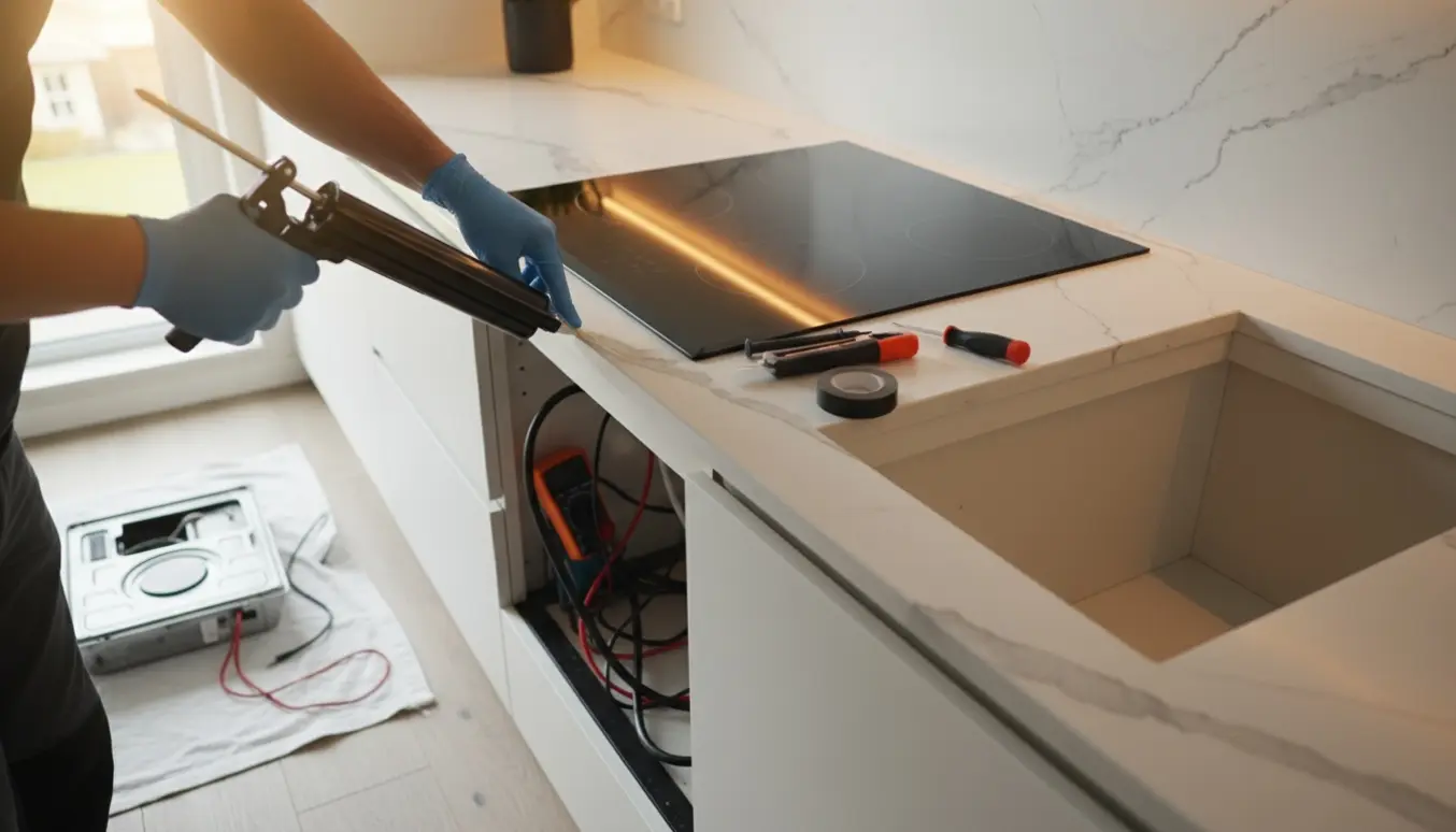 Nærbillede af hænder, der tætner en induktionskogeplade i en køkkenbordudskæring med fugebånd og værktøj ved siden af.