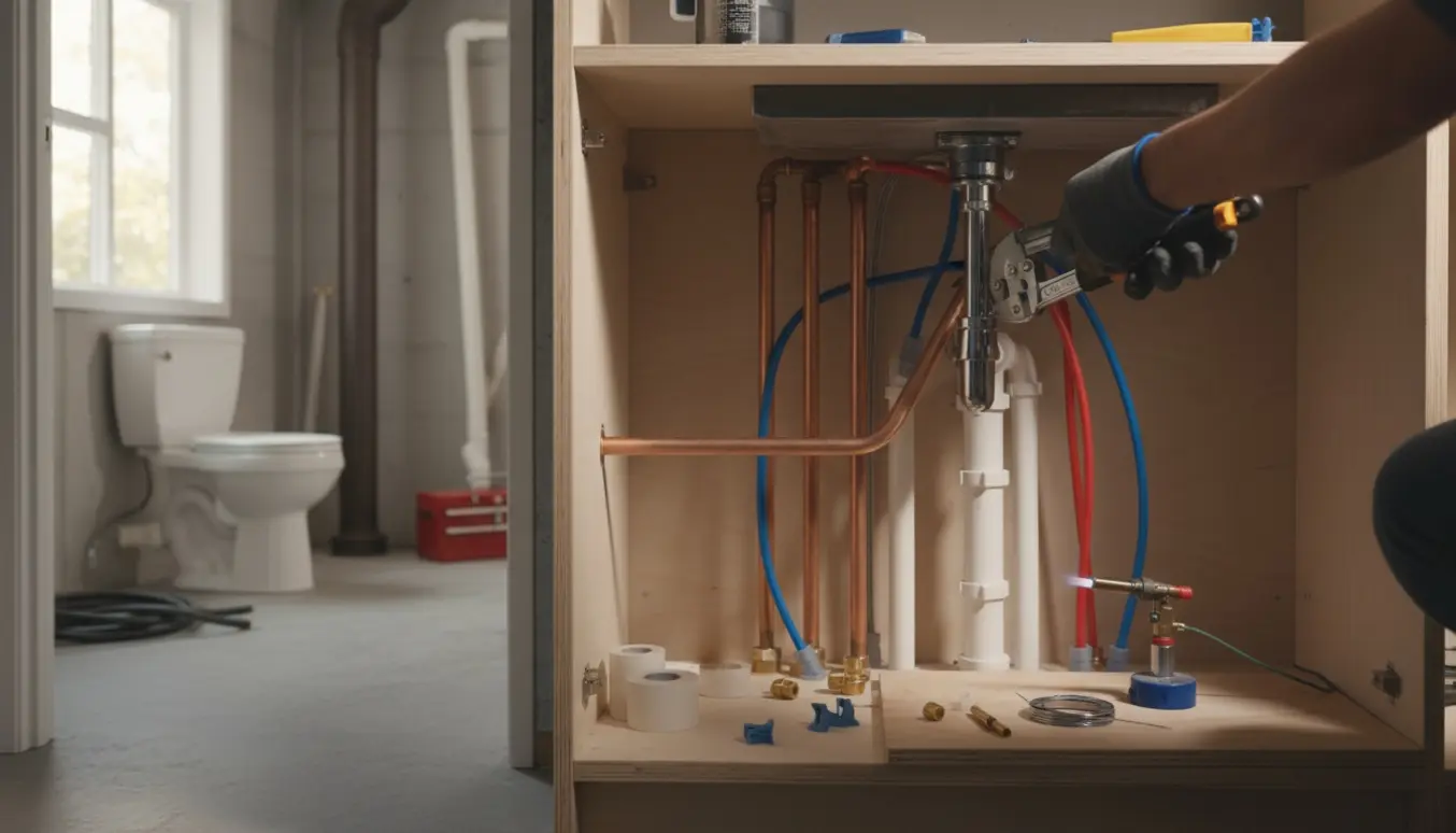 Åbent køkkenskab med synlige vandrør og en VVS-montørs hænder, med en ny kældertoilet i baggrunden.