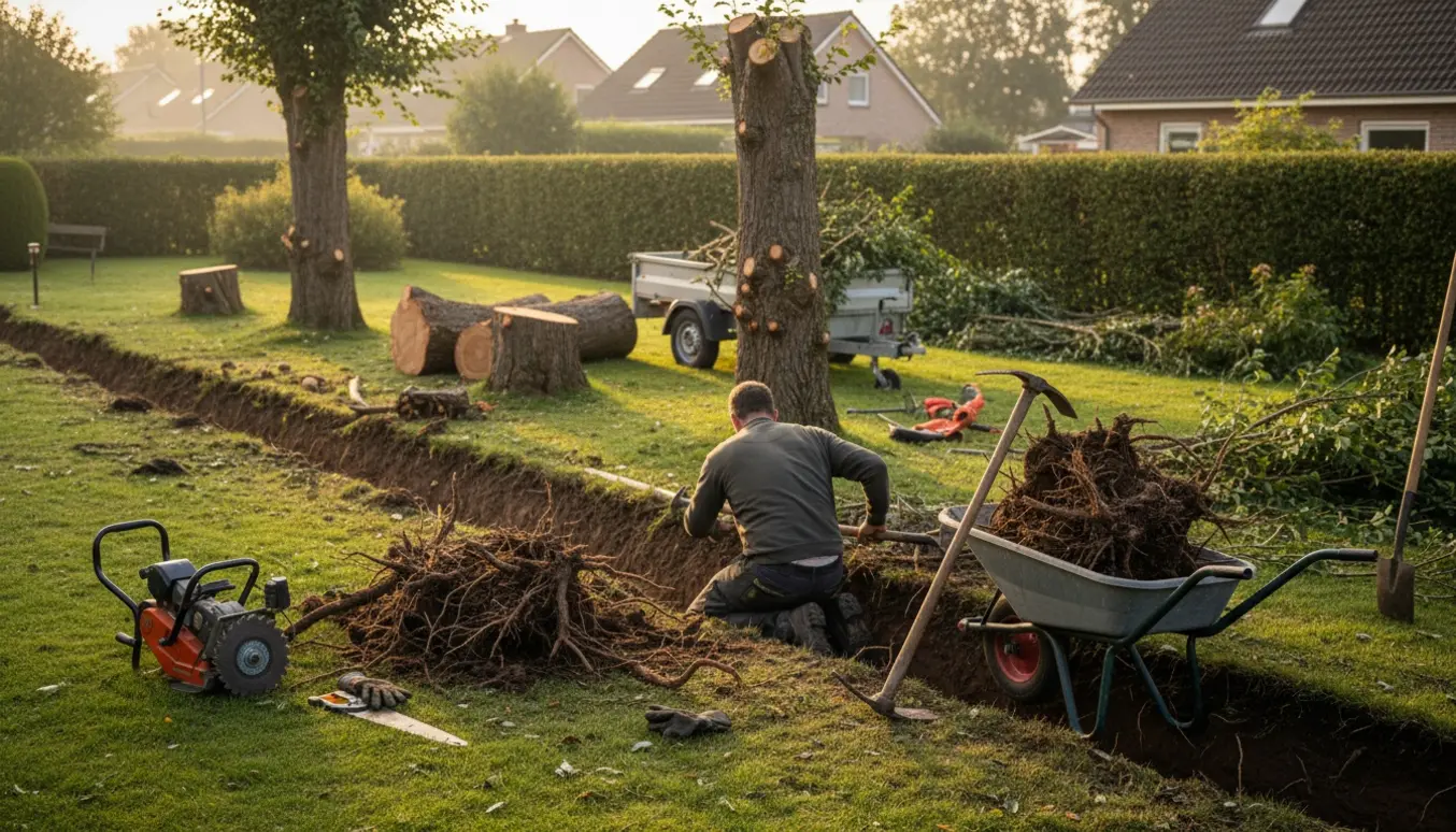 Opgravning af en 20 m hæk og to fældede træer stablet som brænde i en have.