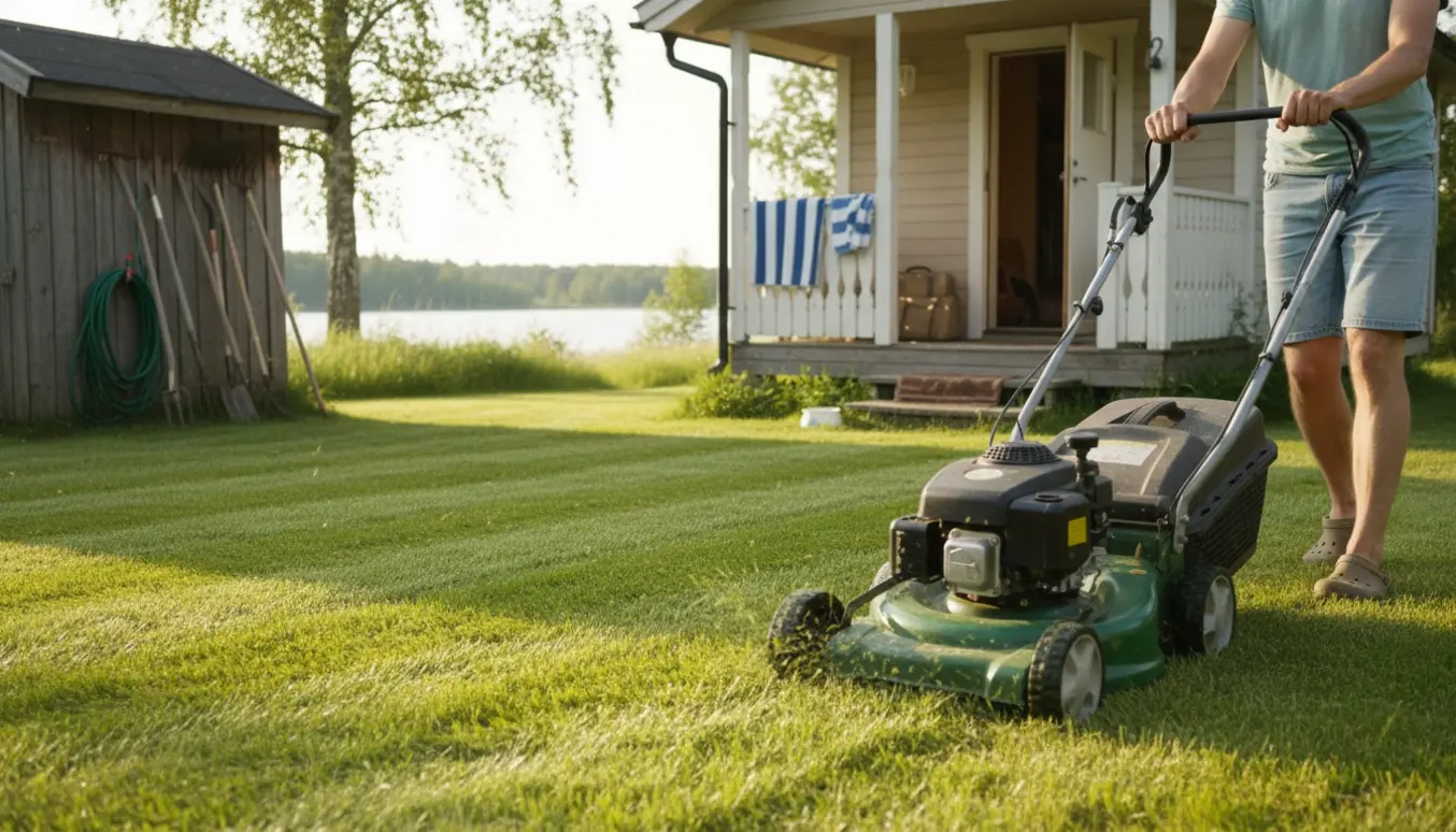 Person set bagfra, der slår græsset med en plæneklipper foran et sommerhus på en solrig lørdag.