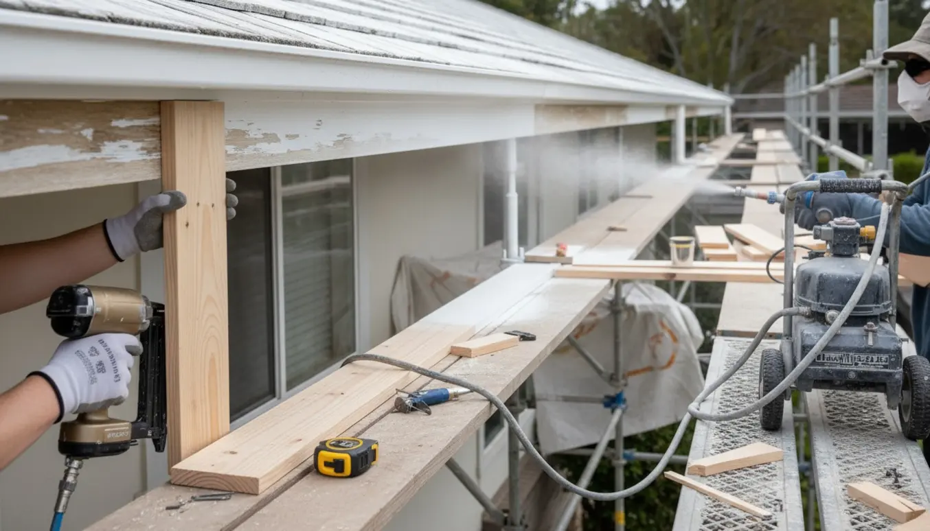 Udskiftning og maling af stern langs en lang husfacade med et tryksprøjteanlæg i brug.