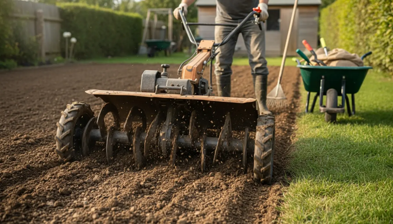 En kompakt stennedlægningsfræser i en villahave, der vender jord og dækker småsten for at gøre haven klar til græssåning.
