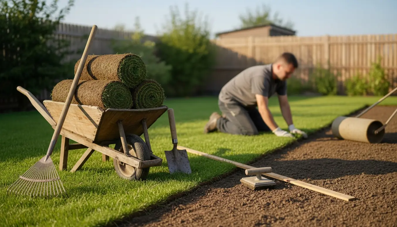 Nivellering af havejord og lægning af nyt rullegræs med ruller og haveredskaber i naturligt lys.