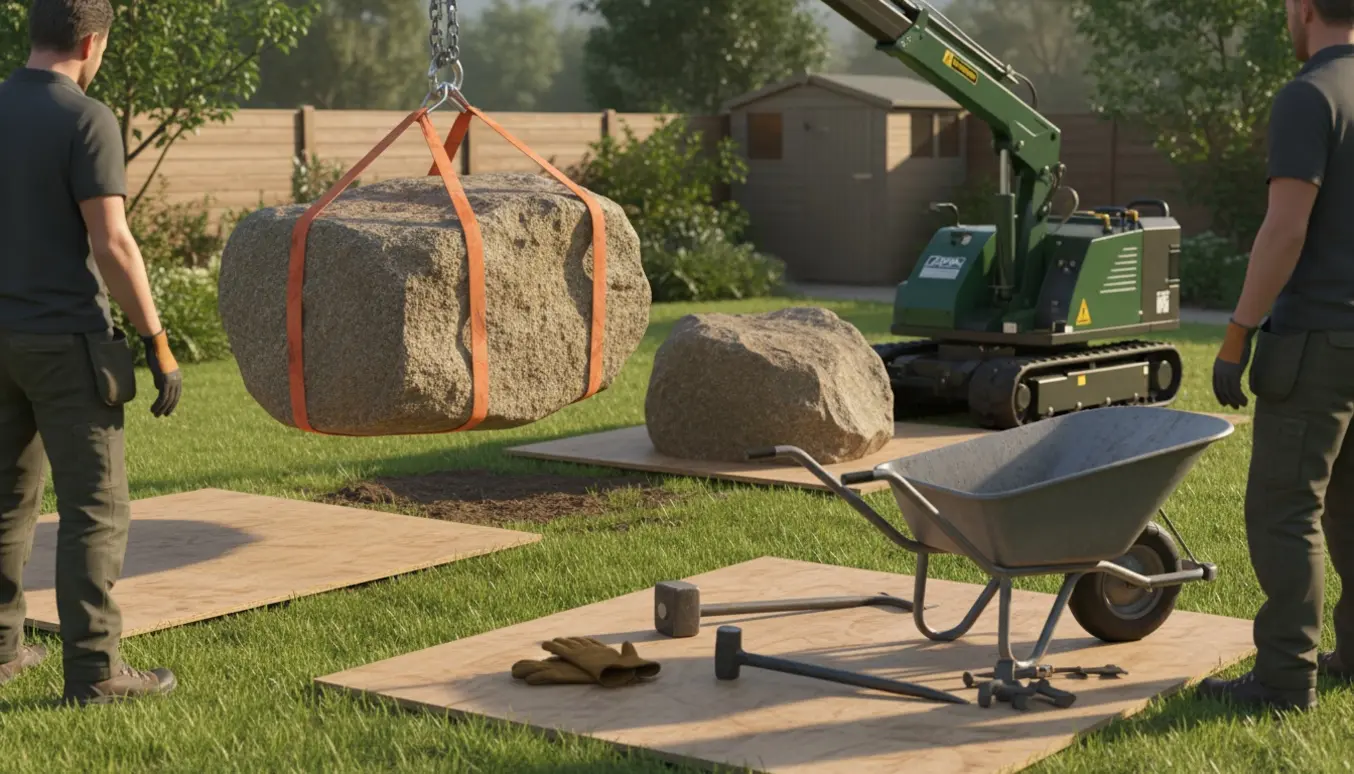 Tunge sten løftes fra havens hjørne med mini-kran og løftestrop, mens værktøj ligger klar.