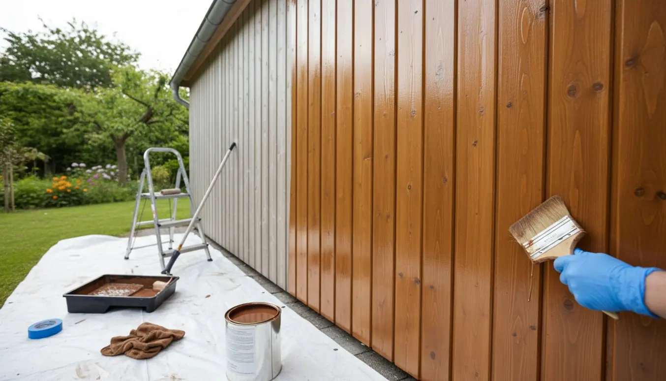 Hånd maler udvendig træcarport med træbeskyttelse, halvt behandlet træ og malergrej i forgrunden.