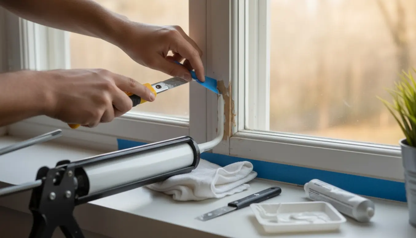 Nærbillede af hænder, der fjerner gammel fuge og påfører ny fuge rundt om en vindueskarm med fugepistol og værktøj.