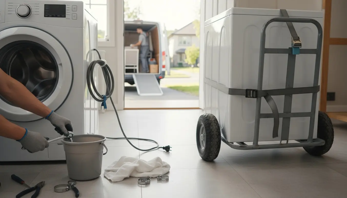 Vaskemaskine afmonteres og spændes fast på en flyttevogn med værktøj og en hvid kassevogn i baggrunden.
