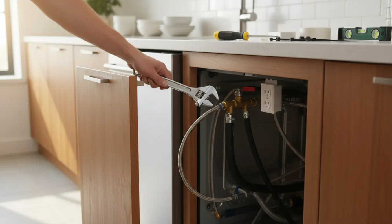 Delvist installeret opvaskemaskine i køkkenskab, hænder tilslutter vand- og afløbsslange.