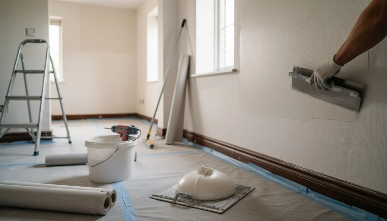 En hånd glatter frisk spartelmasse over hvidmalet hessian-tapet i et lyst rum.