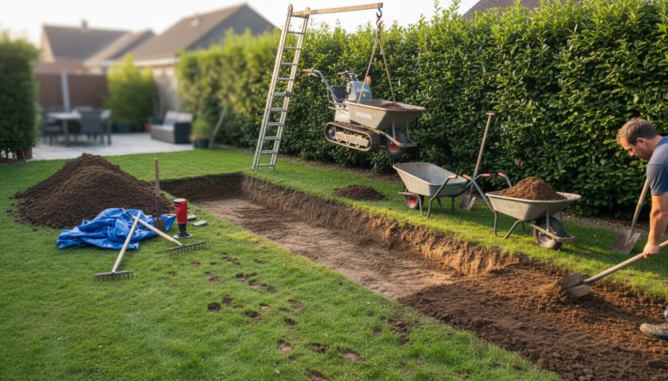 Baghave med rektangulært hul, trillebøre, skovle og jordbunker klar til at blive fyldt og jævnet.