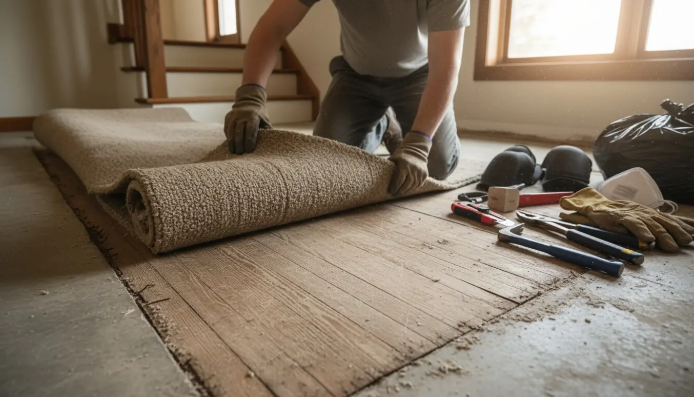 Delvist rullet væg-til-væg tæppe på 1. sal under fjernelse, med eksponeret plankegulv og værktøj.