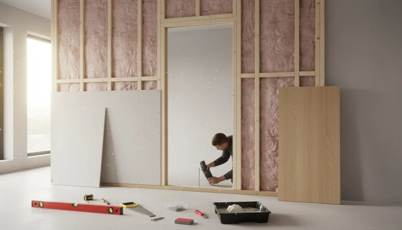 Delvist opført skillevæg med træskelet, lydisolering og døråbning omgivet af værktøj og materialer.