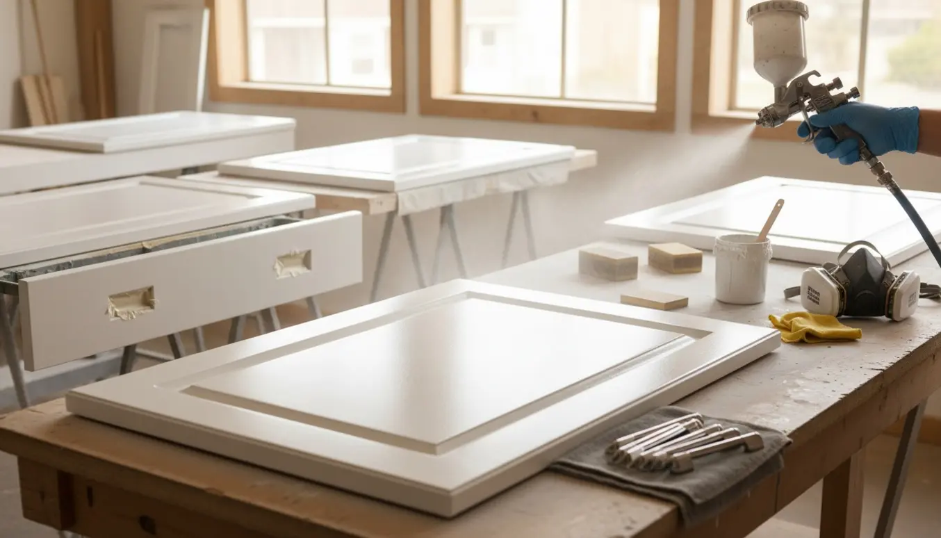 Spraylakering af glatte køkkenlåger i klassisk hvid i et ryddeligt værksted.