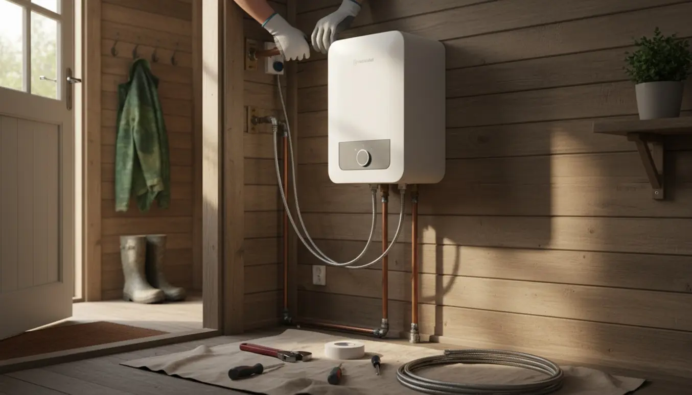 Ny lille varmtvandsbeholder monteres i entreen i et kolonihavehus, hænder tilslutter rør og elkabel.