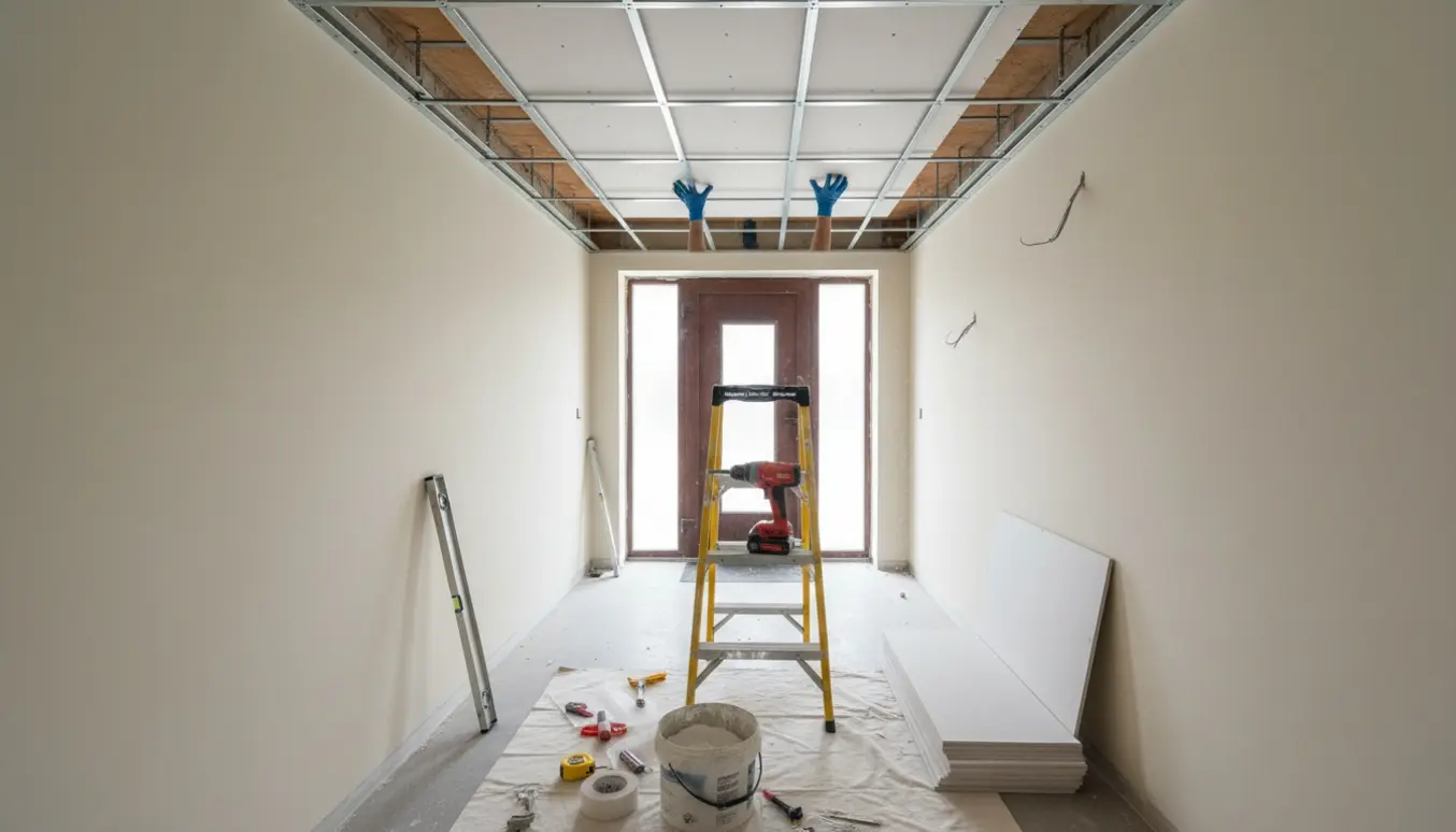 Indgangsparti på cirka 4 m², hvor et nyt sænket gipsloft monteres 20 cm lavere.