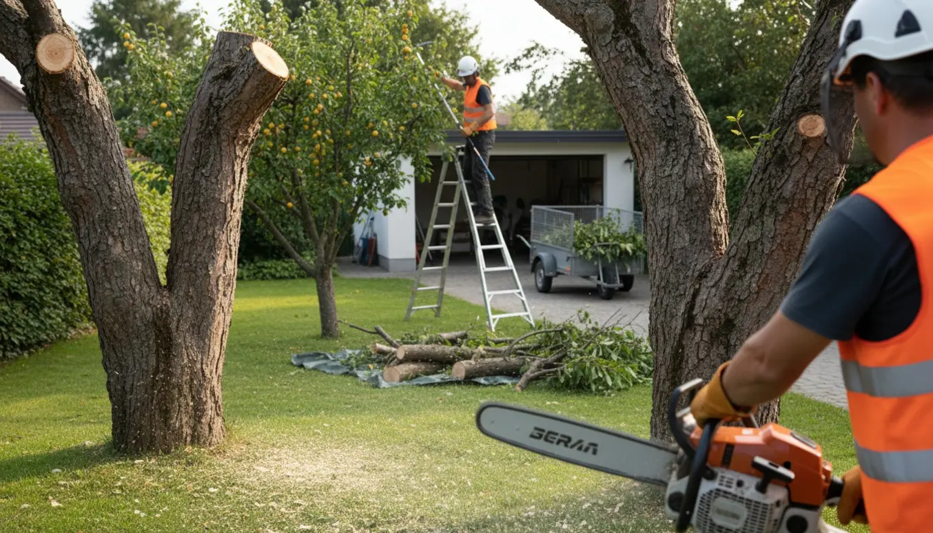 Topkapning af to kraftige træer og en mirabelle ved en åben garage, med afskårne grene klar til afhentning.