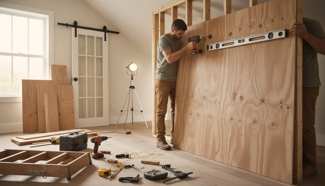 Håndværkere monterer en krydsfiner skillevæg i et værelse med skråvægge, med værktøj og en fransk dør klar ved siden af.